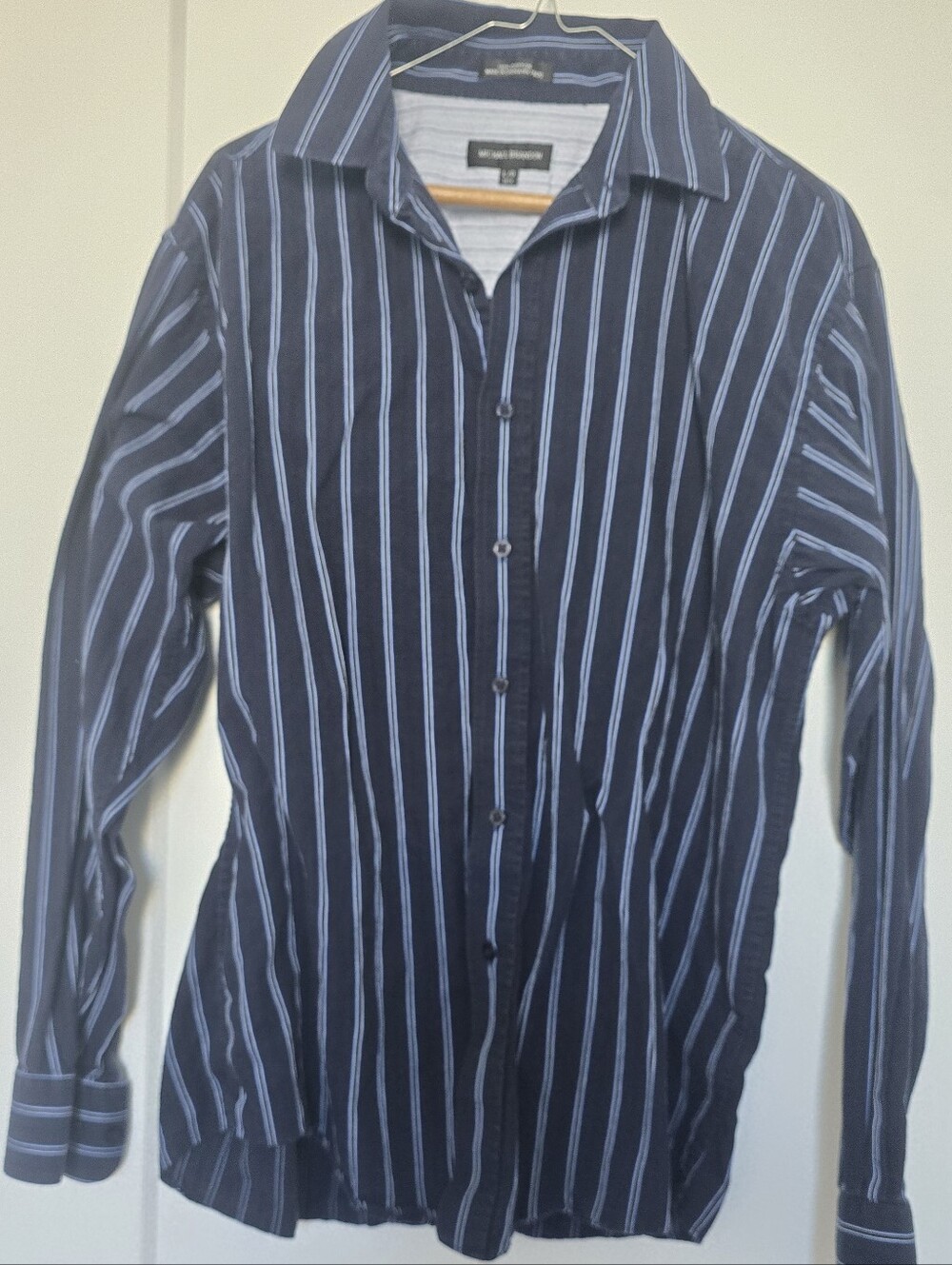 Michael Brandon Navy and Light Blue Vertical-Stripe Button-Down Shirt Cotton